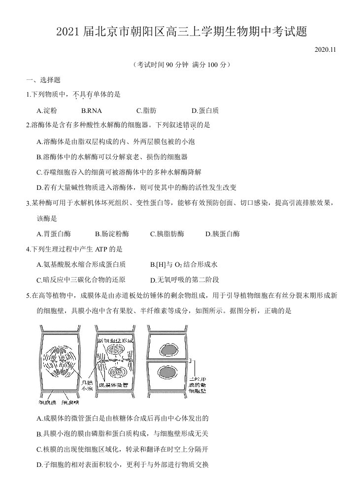 2021届北京市朝阳区高三上学期生物期中考试题