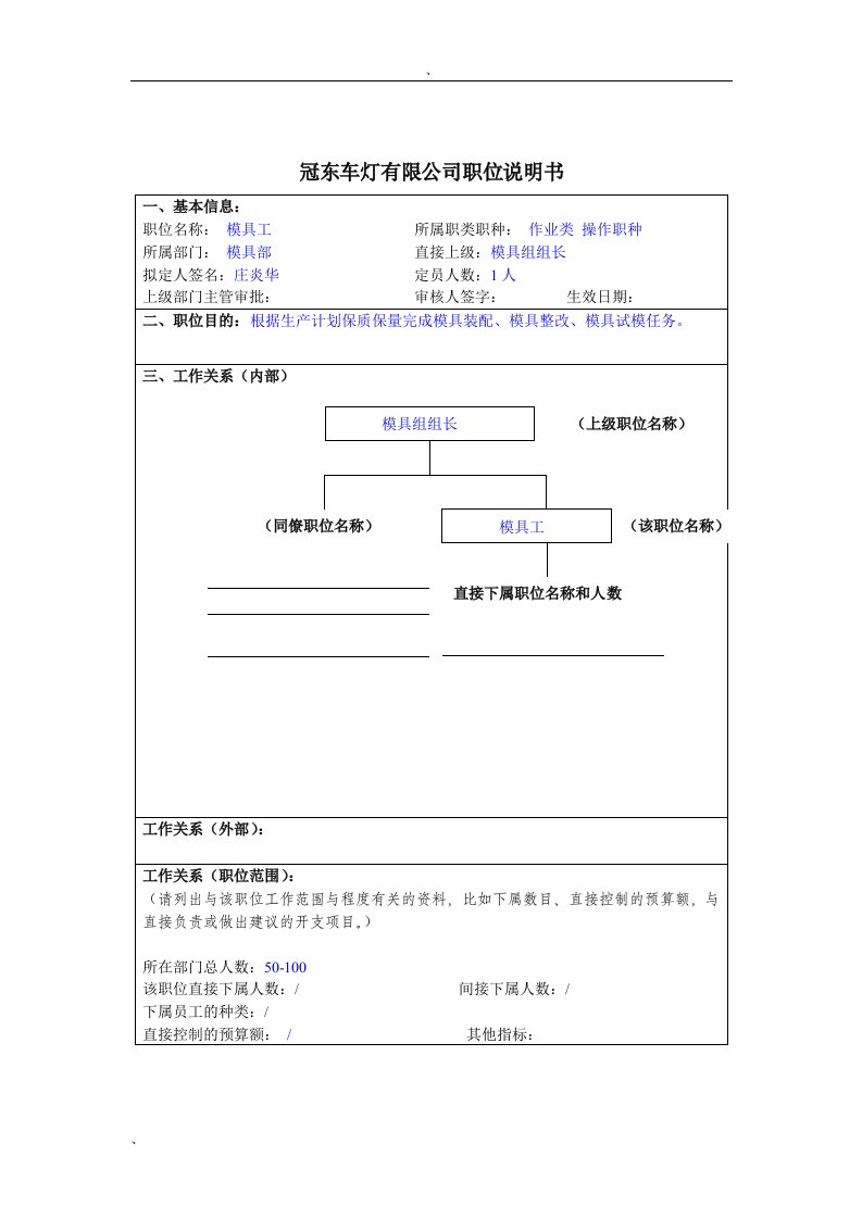 冠东车灯公司模具部模具工职位说明书