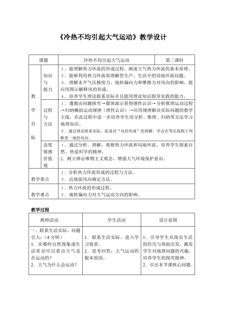 《冷热不均引起大气运动》教学设计