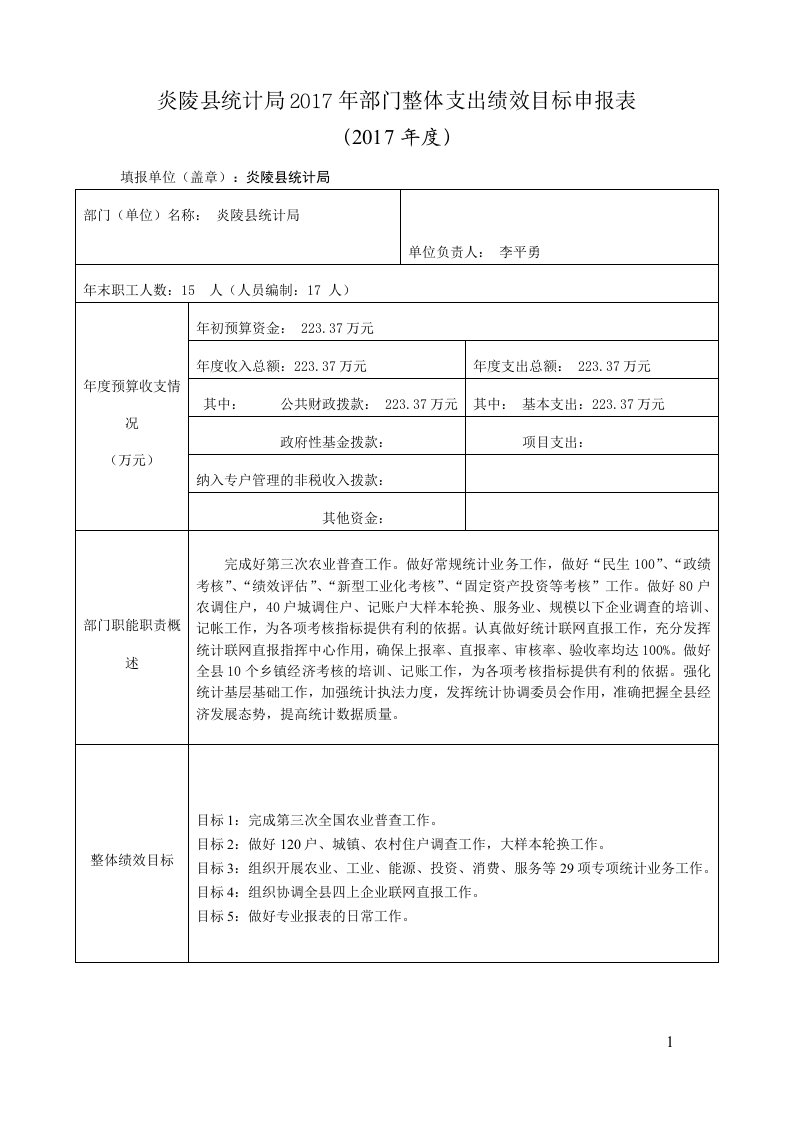 炎陵统计局2017年部门整体支出绩效目标申报表