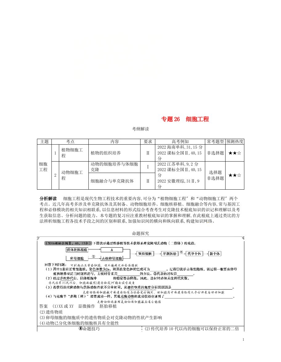 （新课标）2022版高考生物一轮复习专题26细胞工程讲学案