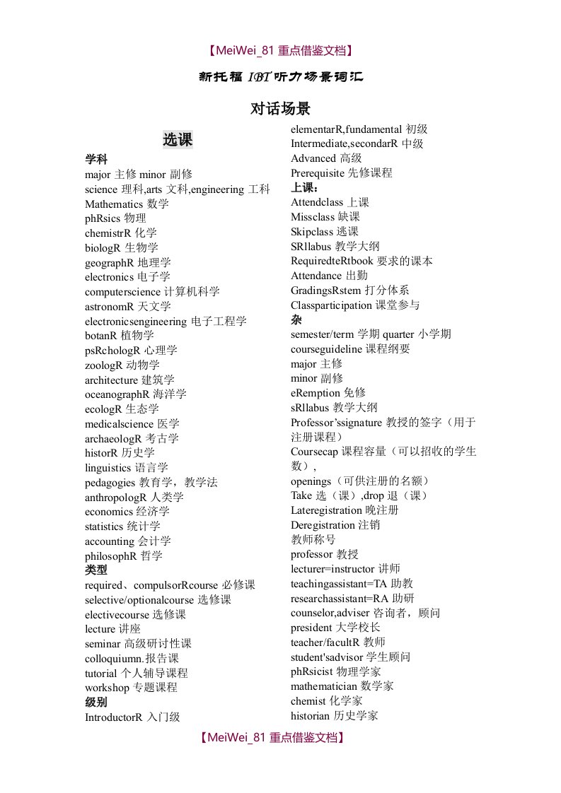 【AAA】托福听力场景学科分类词汇大全