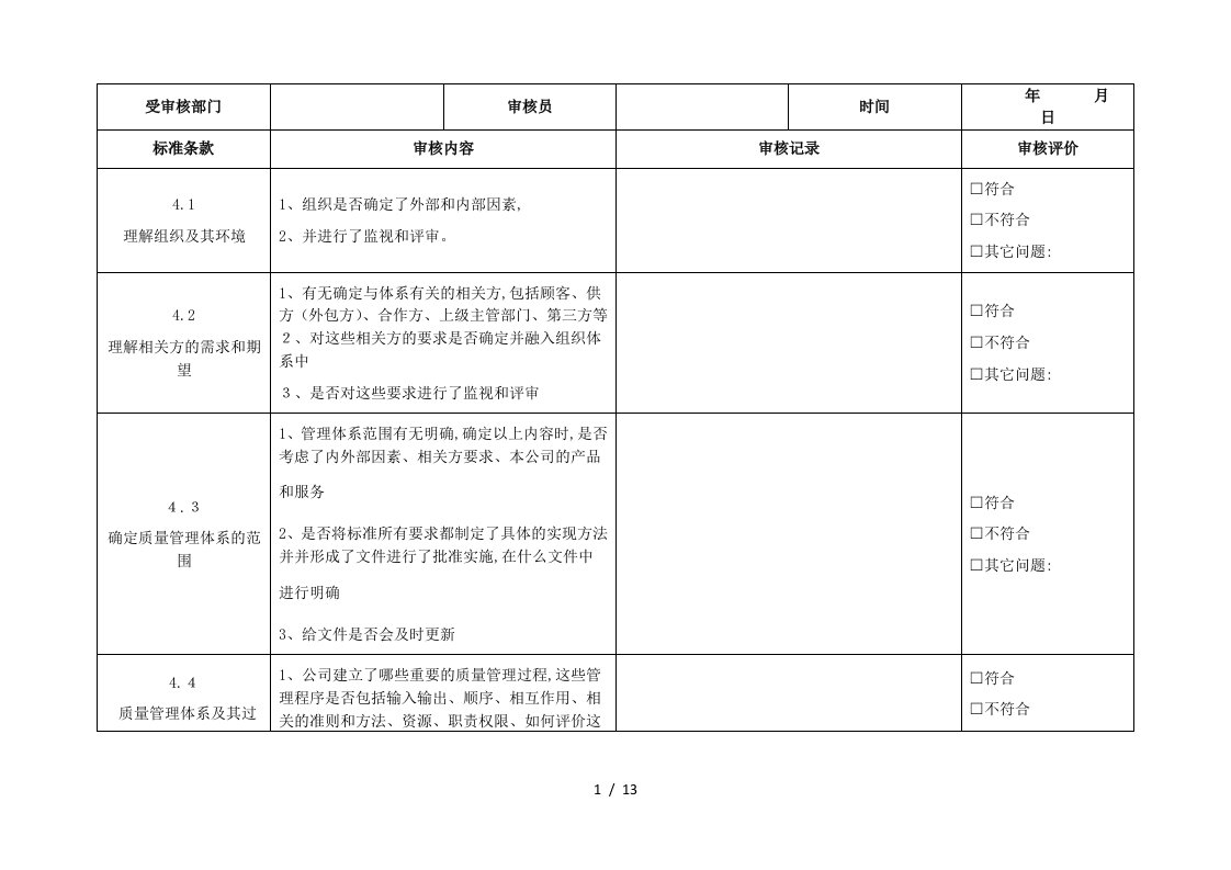 GBT190012016版质量管理体系内审表