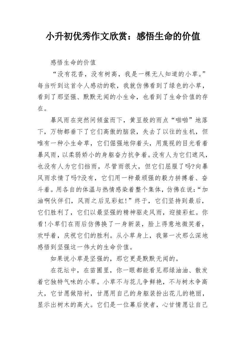 小升初优秀作文欣赏：感悟生命的价值