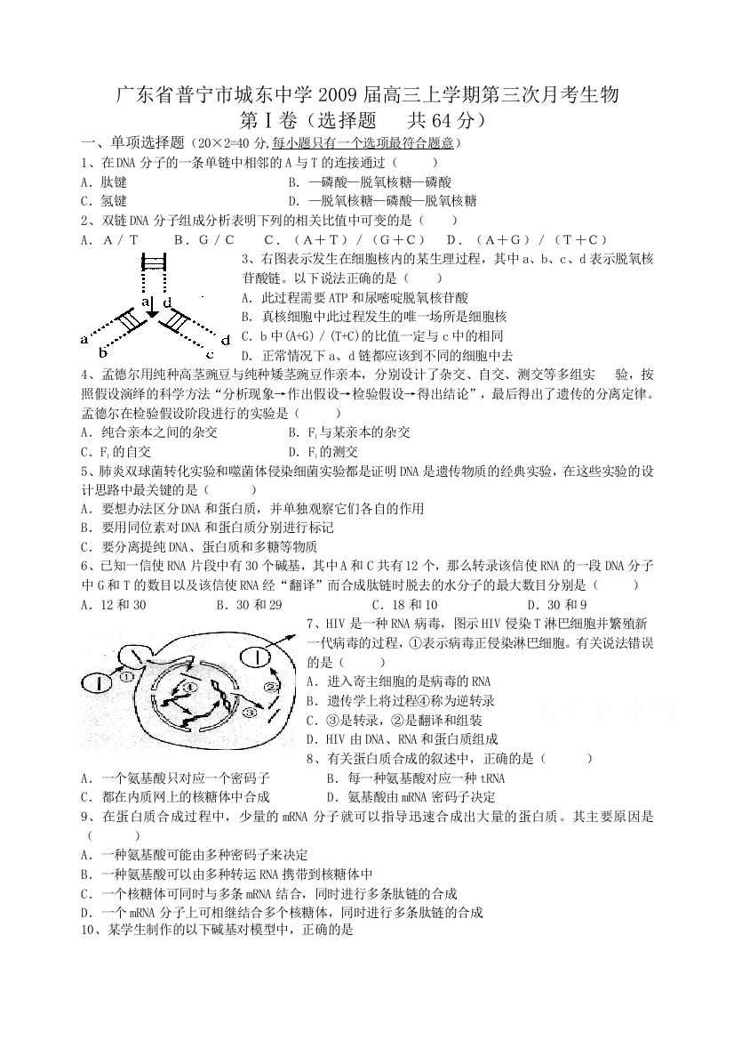 广东省普宁市城东中学高三上学期第三次月考生物