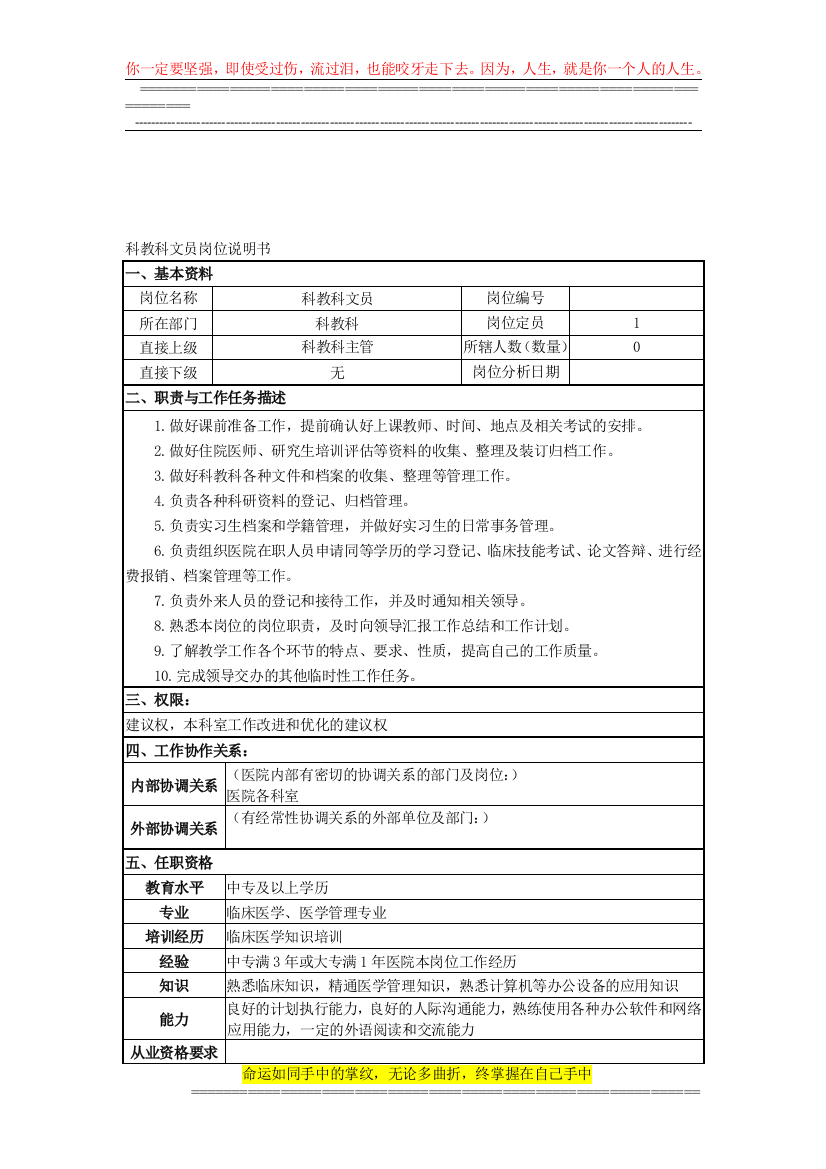 科教科文员岗位说明书