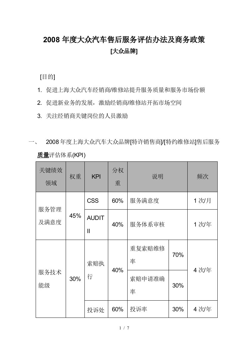 大众汽车售后服务评估方案及政策