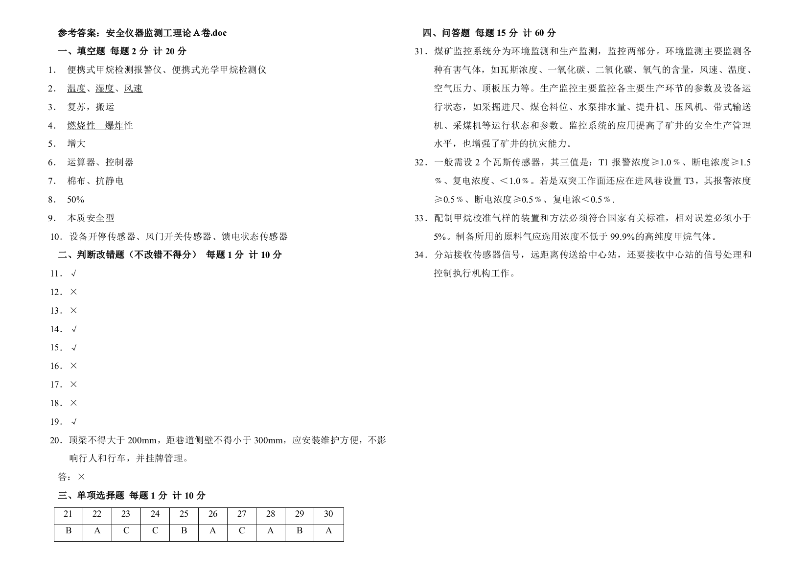 安全仪器监测工理论A卷答案