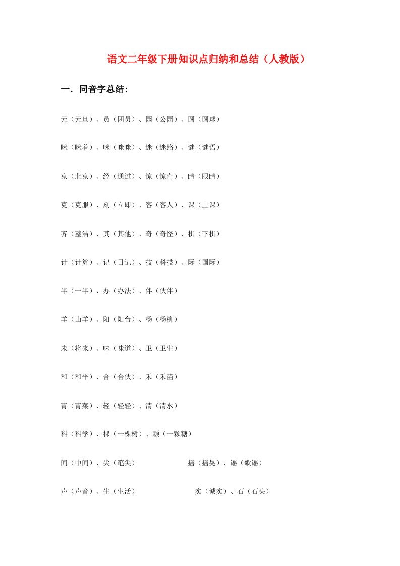 2021年语文二年级下册知识点归纳和总结人教版最新