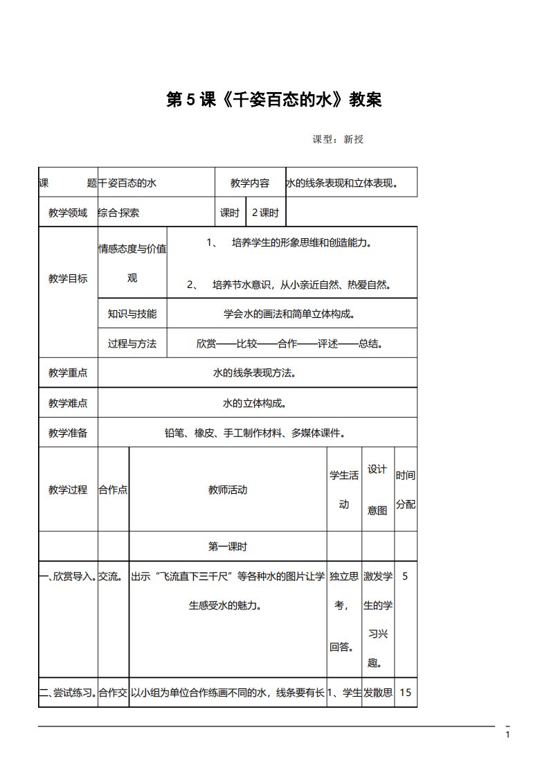 七年级美术下册第5课千姿百态的水教案