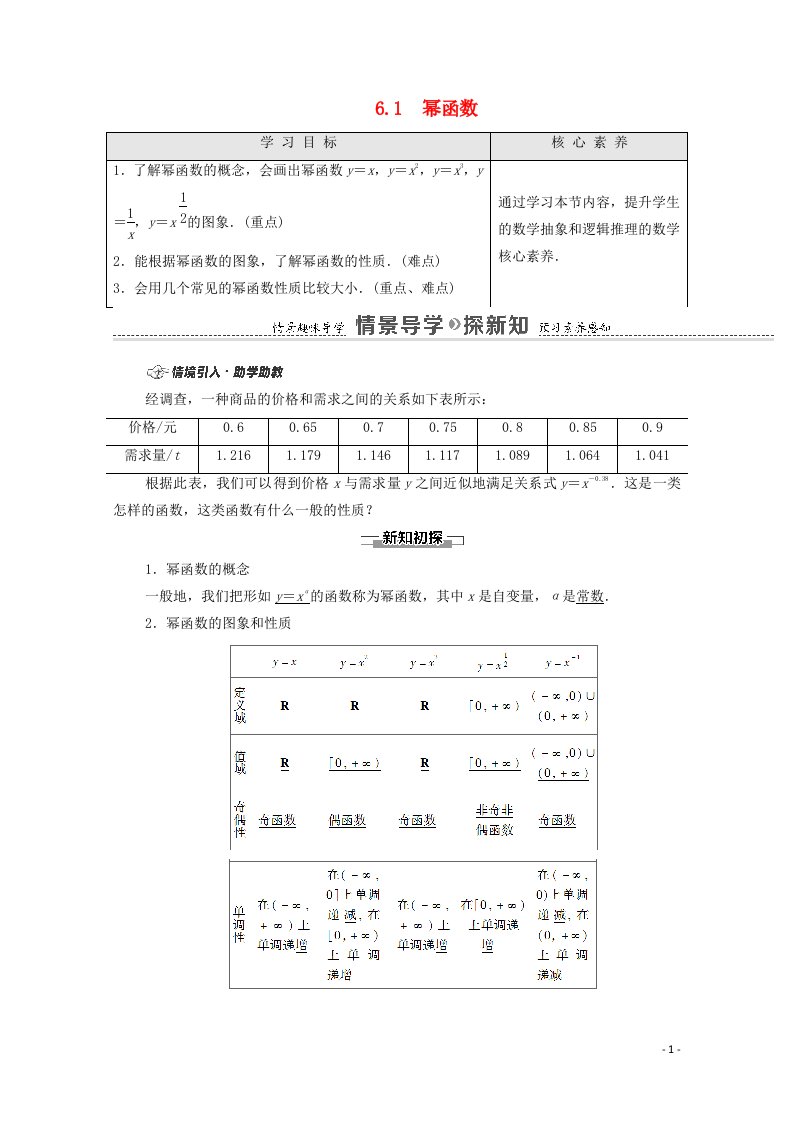 2020_2021学年新教材高中数学第6章幂函数指数函数和对数函数6.1幂函数教学案含解析苏教版必修第一册