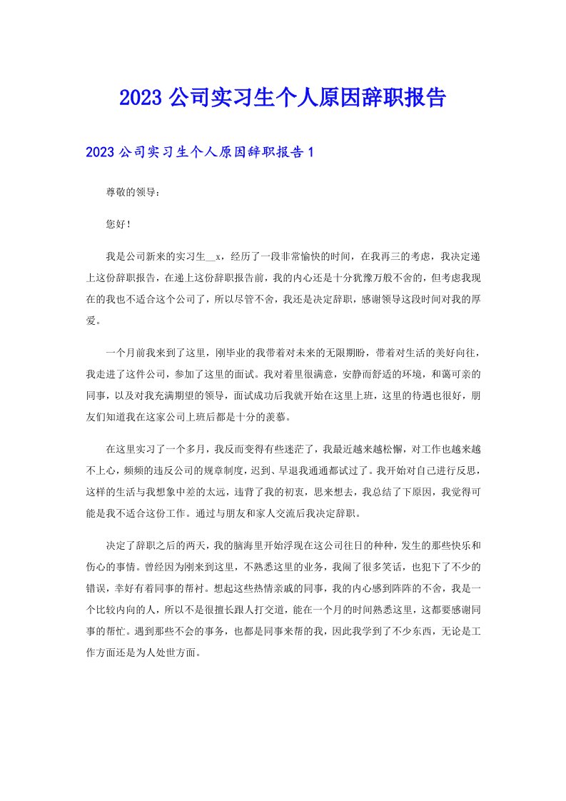 【最新】2023公司实习生个人原因辞职报告