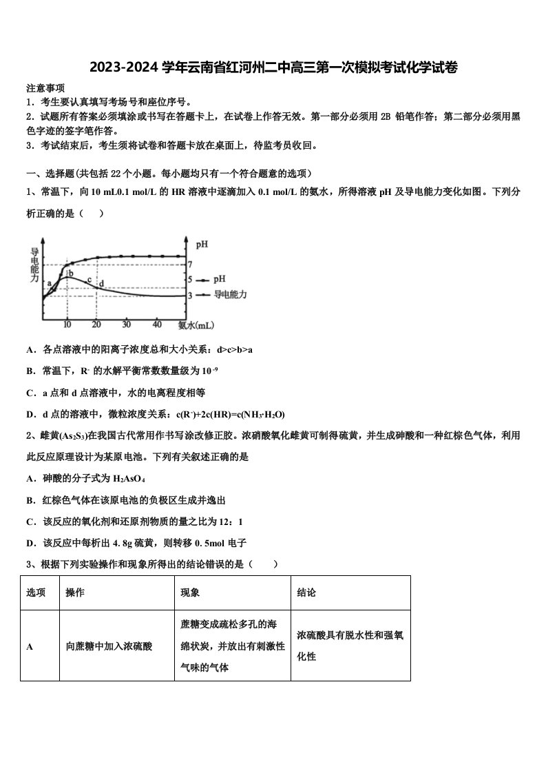 2023-2024学年云南省红河州二中高三第一次模拟考试化学试卷含解析