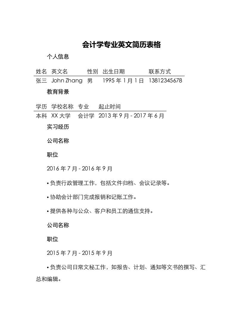 会计学专业英文简历表格