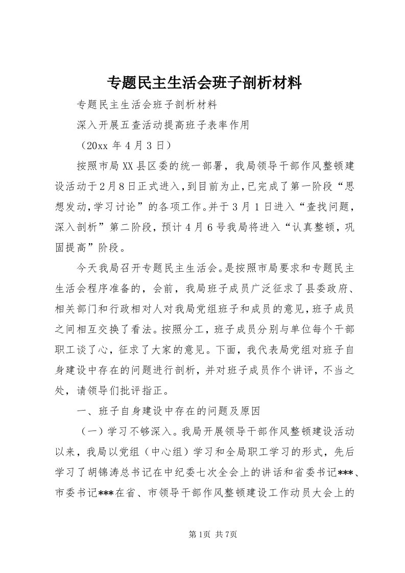 8专题民主生活会班子剖析材料