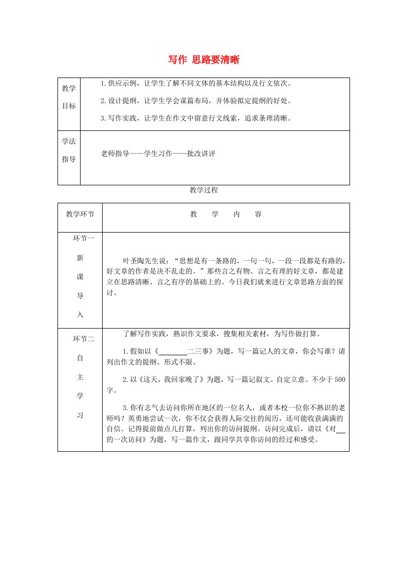 2023年七年级语文上册第四单元写作思路要清晰教案新人教版