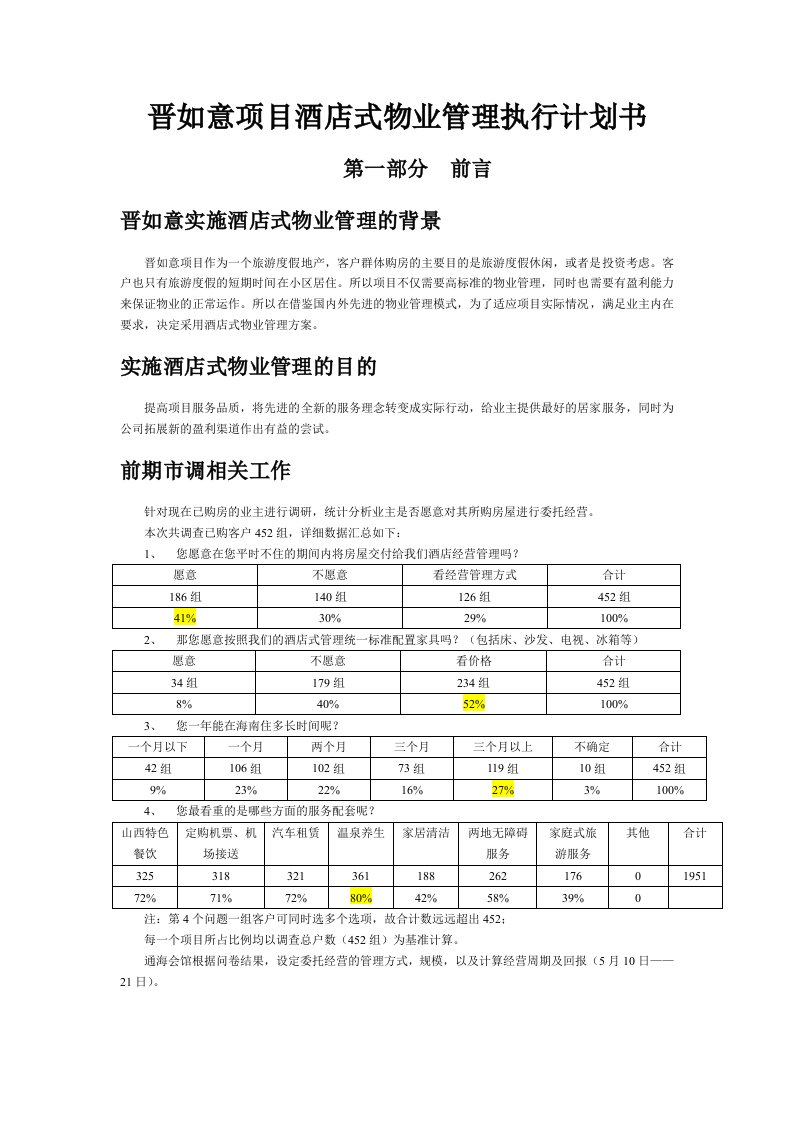 酒店式物业管理执行计划书