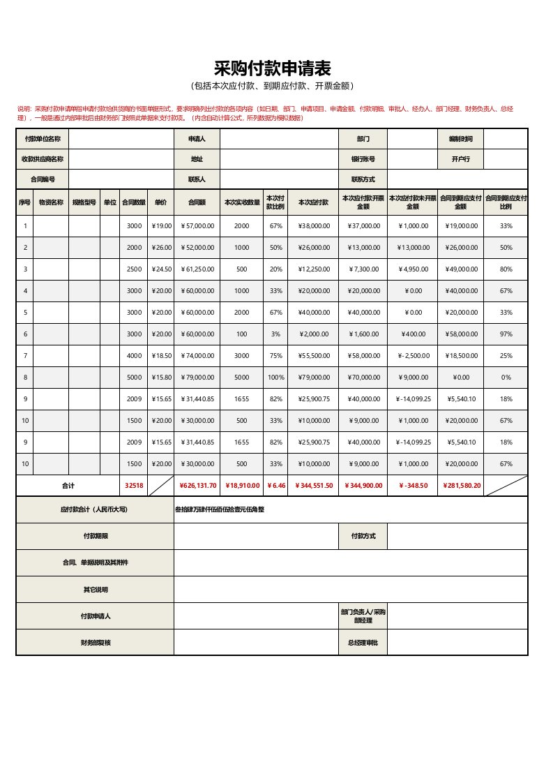 采购付款申请表Excel模板