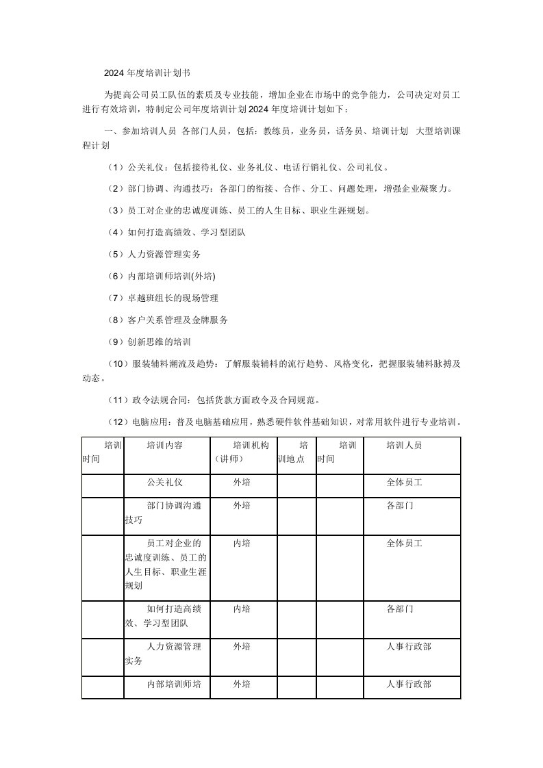 2024年度培训计划书