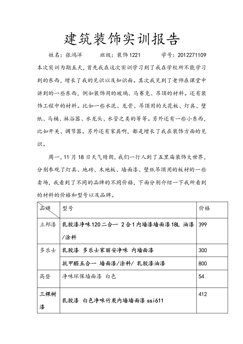 建筑装饰实训报告