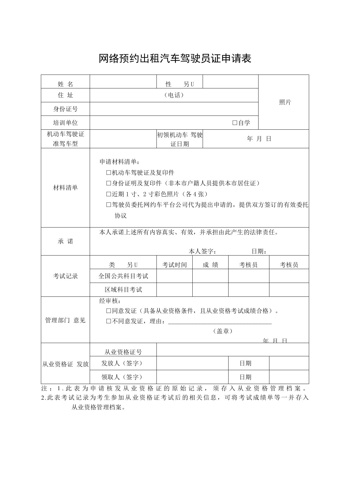 网络预约出租汽车驾驶员证申请表