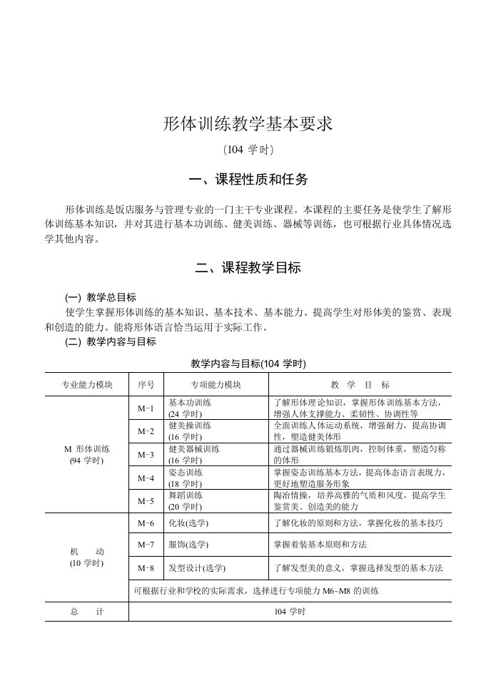 形体训练教学基本要求