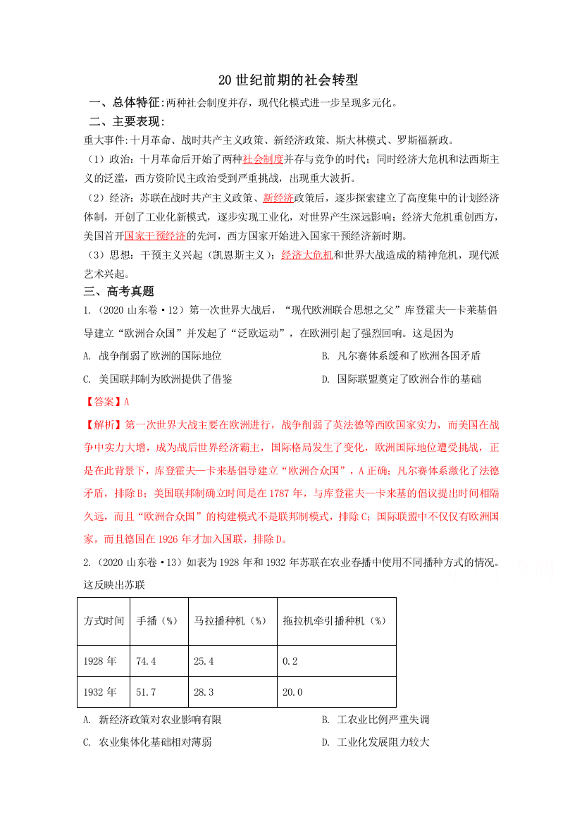 2021年高考历史12个社会转型汇编11-20世纪前期