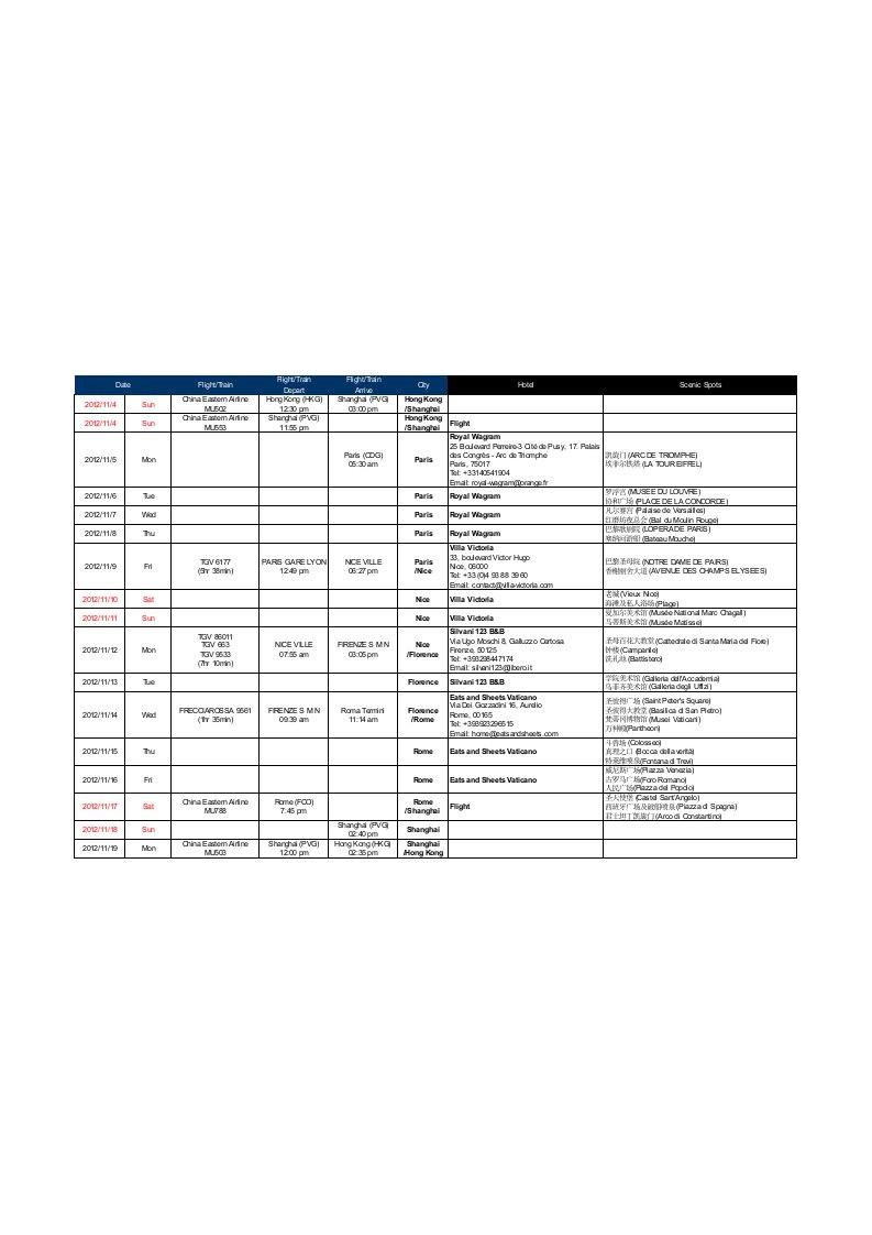 法国签证必备英文行程表