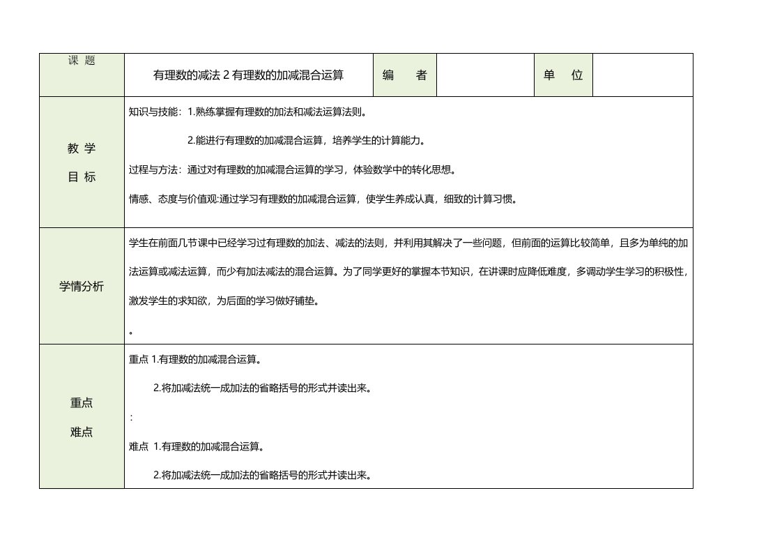 人教版初中数学课标版七年级上册第一章有理数的加减混合运算教案