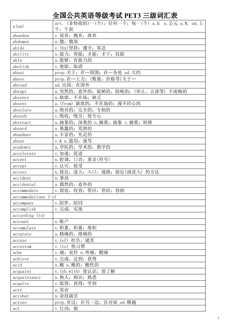 全国公共英语等级考试PET3三级词汇表