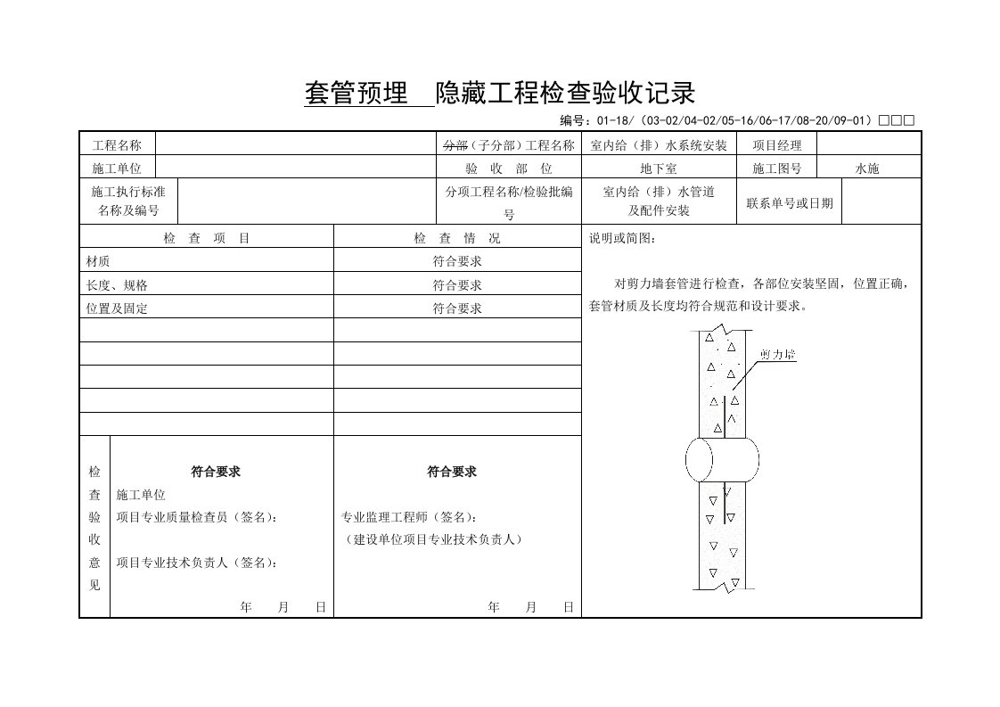 套管预埋--隐蔽工程检查验收记录