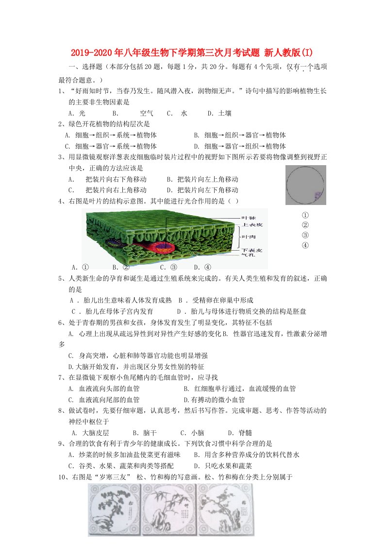 2019-2020年八年级生物下学期第三次月考试题