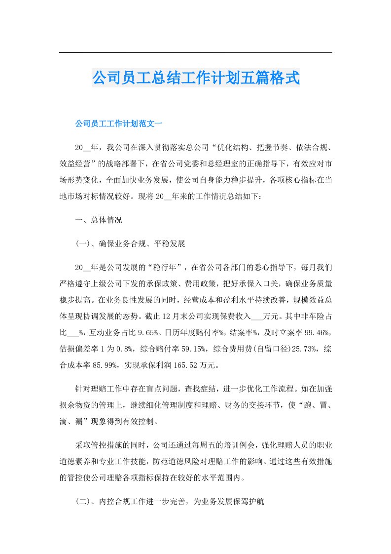 公司员工总结工作计划五篇格式