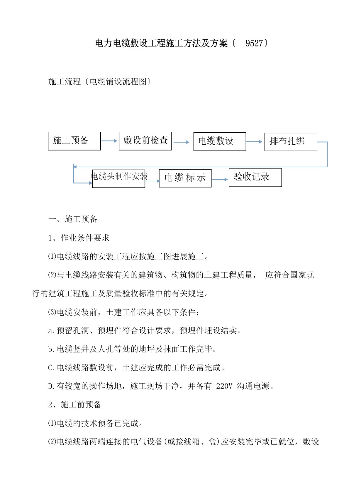 电力电缆敷设工程施工方法及方案