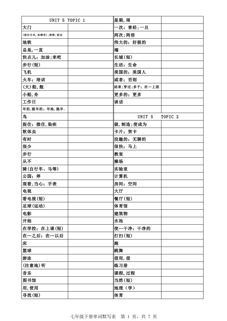 仁爱版英语七下单词默写表(2017最新)