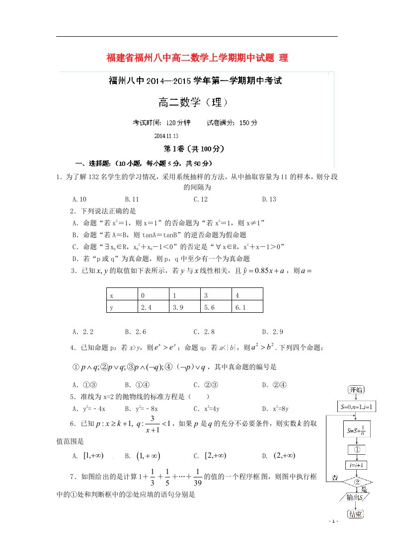 福建省福州八中高二数学上学期期中试题