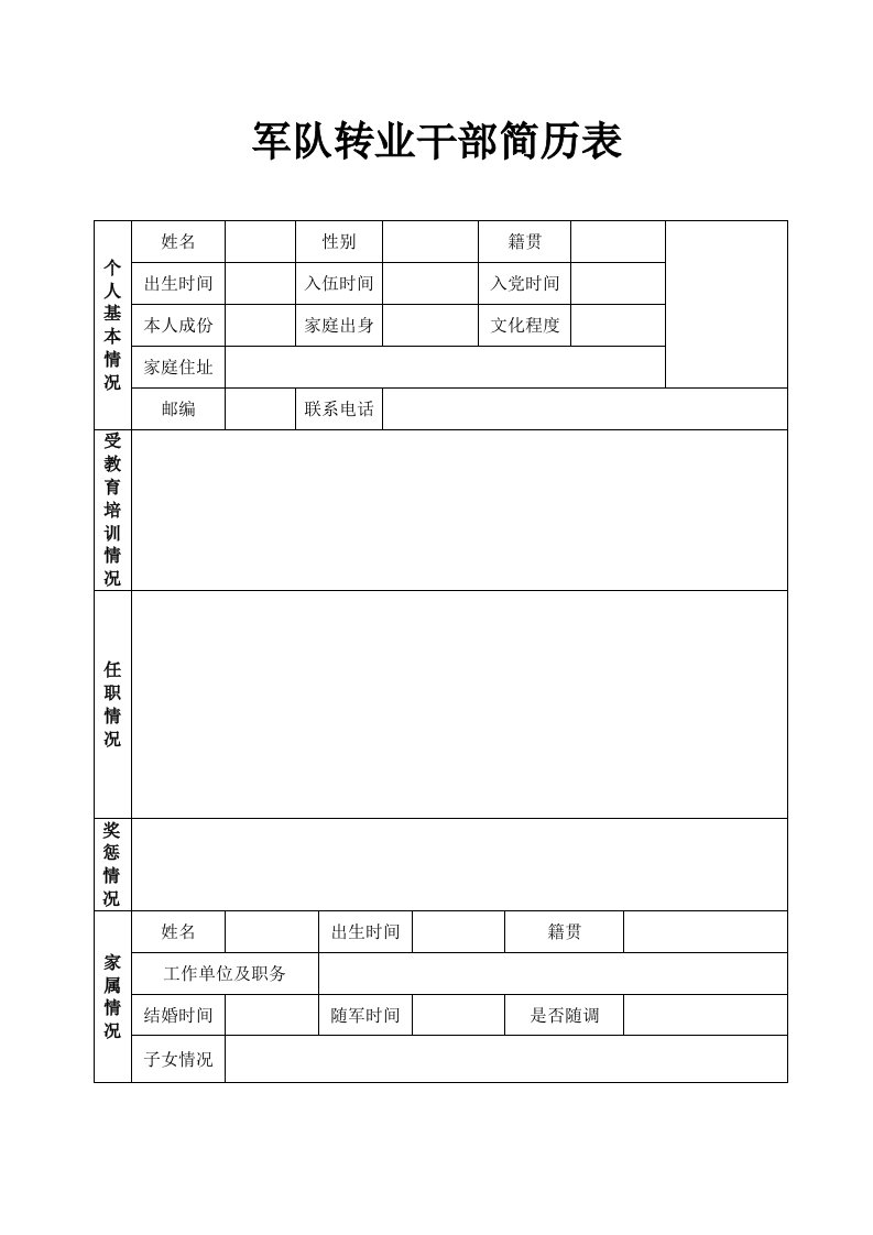 军队转业干部简历表个人基本情况