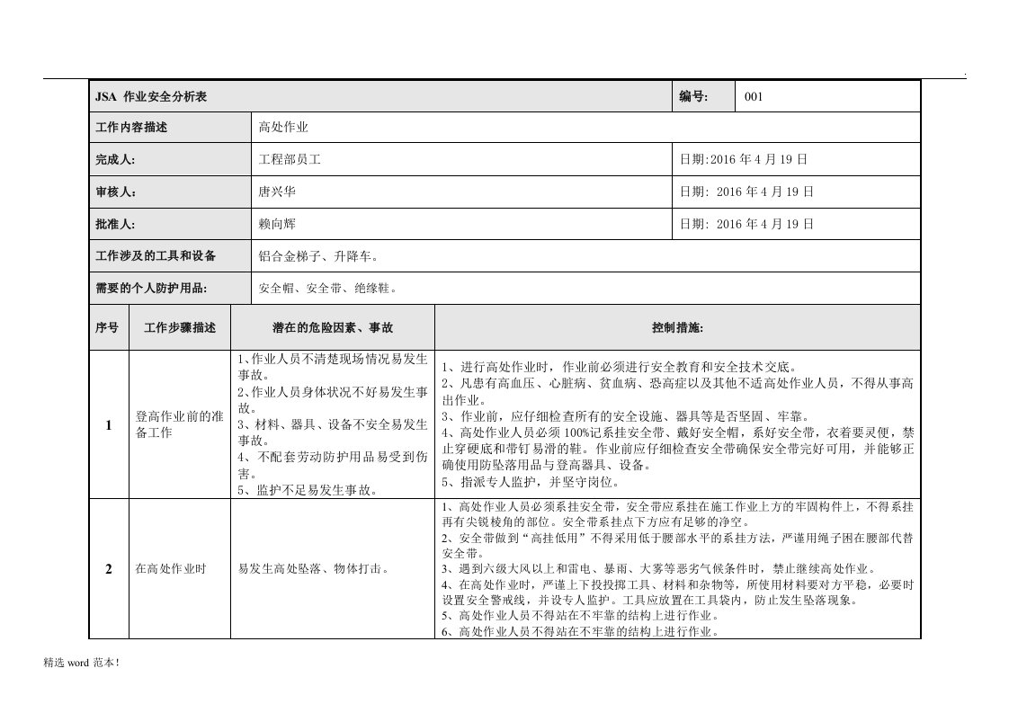 高处作业-jsa作业安全分析表