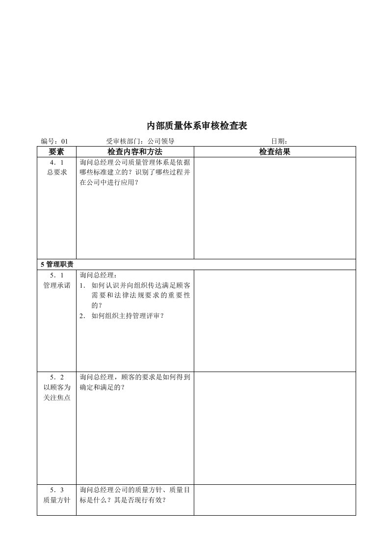 企业内部质量体系审核检查表