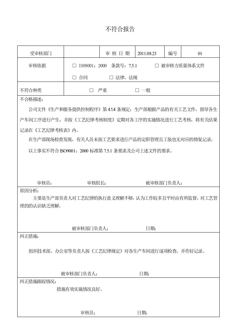 内审不符合项报告例