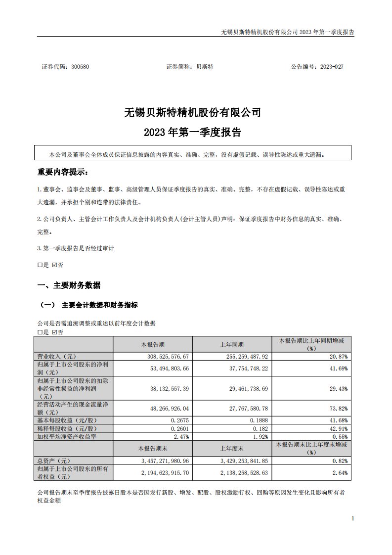 深交所-贝斯特：2023年一季度报告-20230420