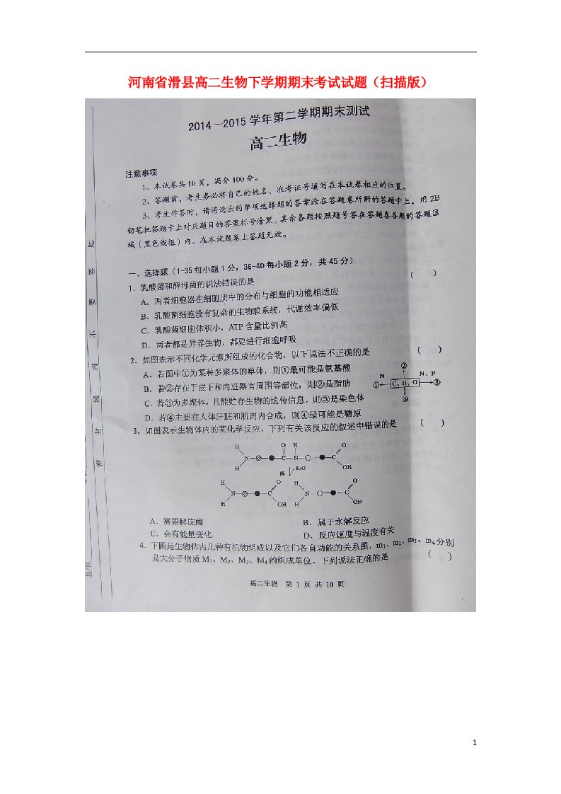 河南省滑县高二生物下学期期末考试试题（扫描版）