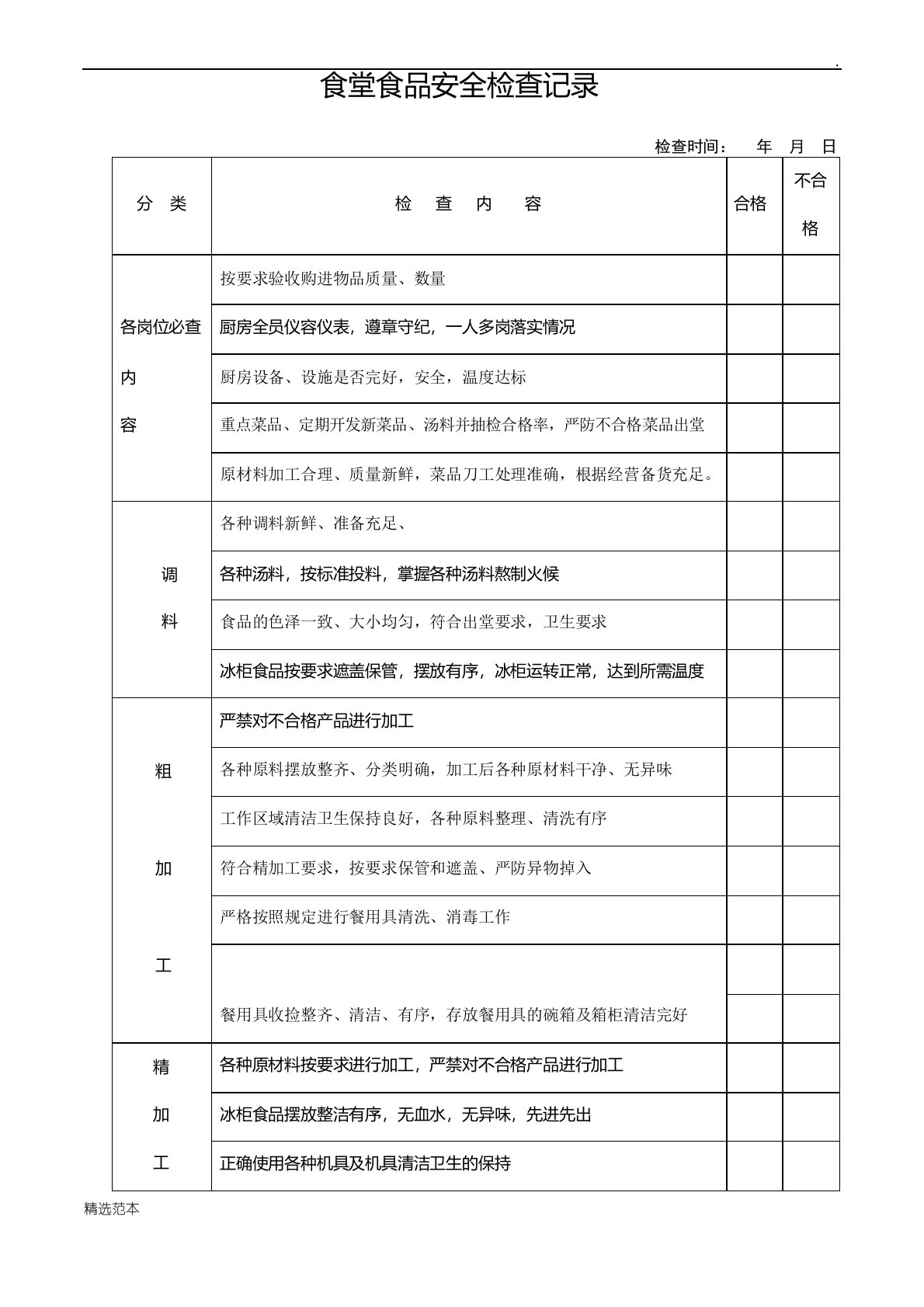 幼儿园食堂食品安全检查记录表最新版