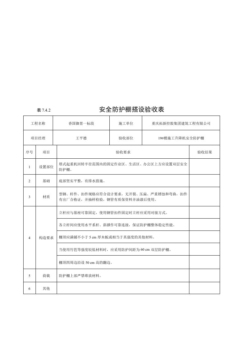 7.4.2安全防护棚搭设验收表