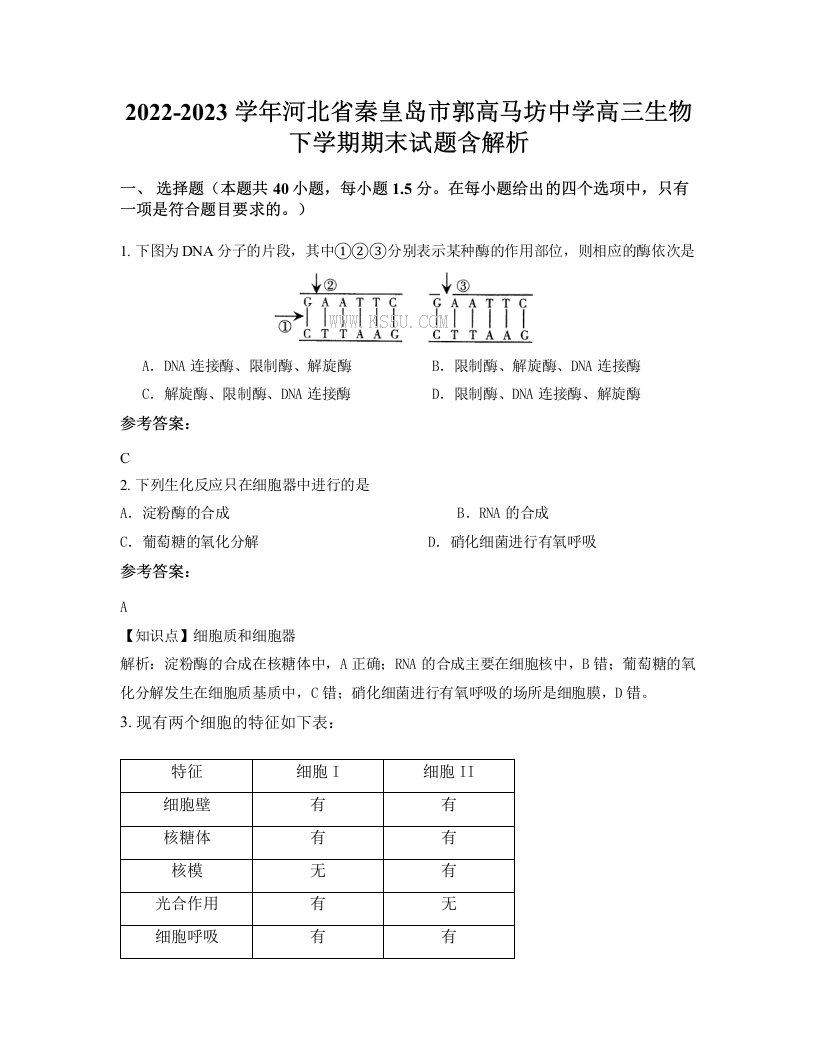 2022-2023学年河北省秦皇岛市郭高马坊中学高三生物下学期期末试题含解析