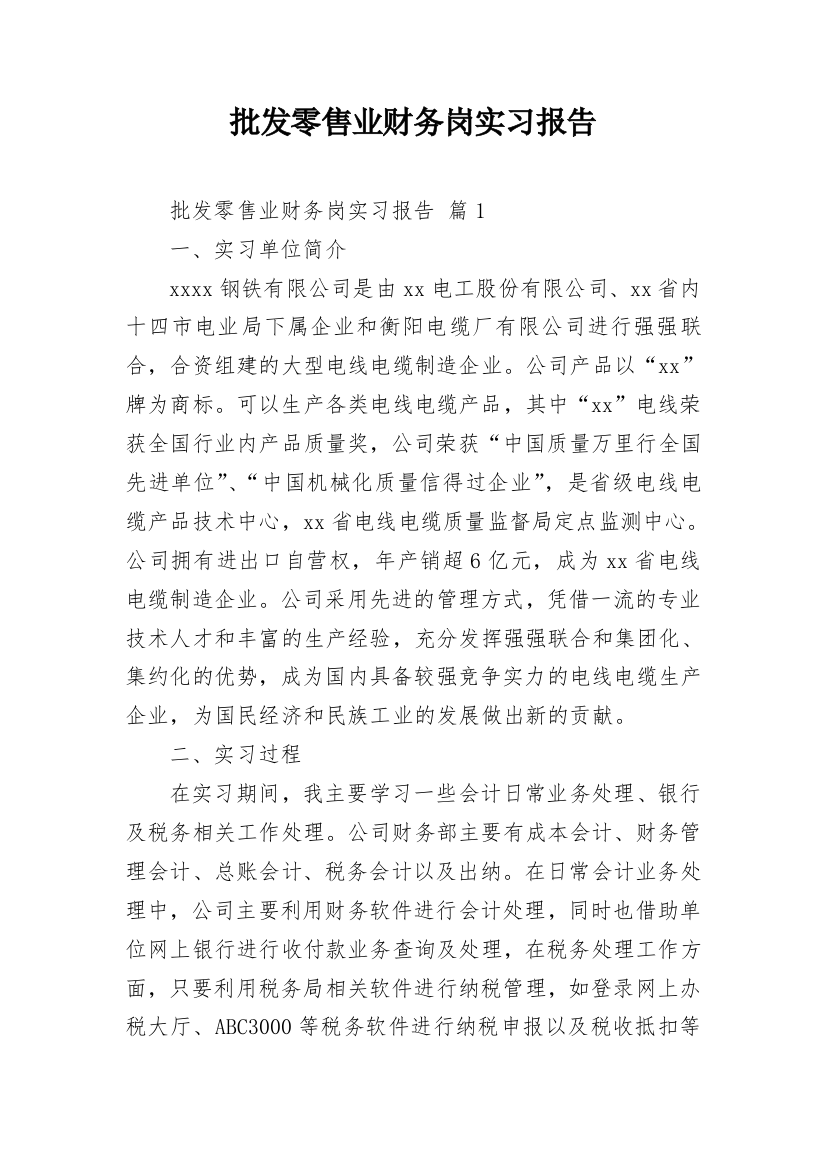 批发零售业财务岗实习报告