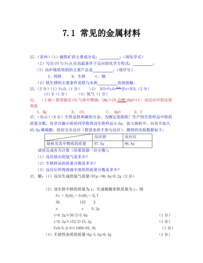 鲁教版2019中考真题汇编7.1常见的金属材料