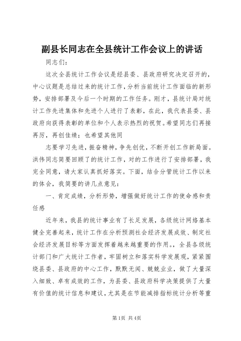 副县长同志在全县统计工作会议上的致辞