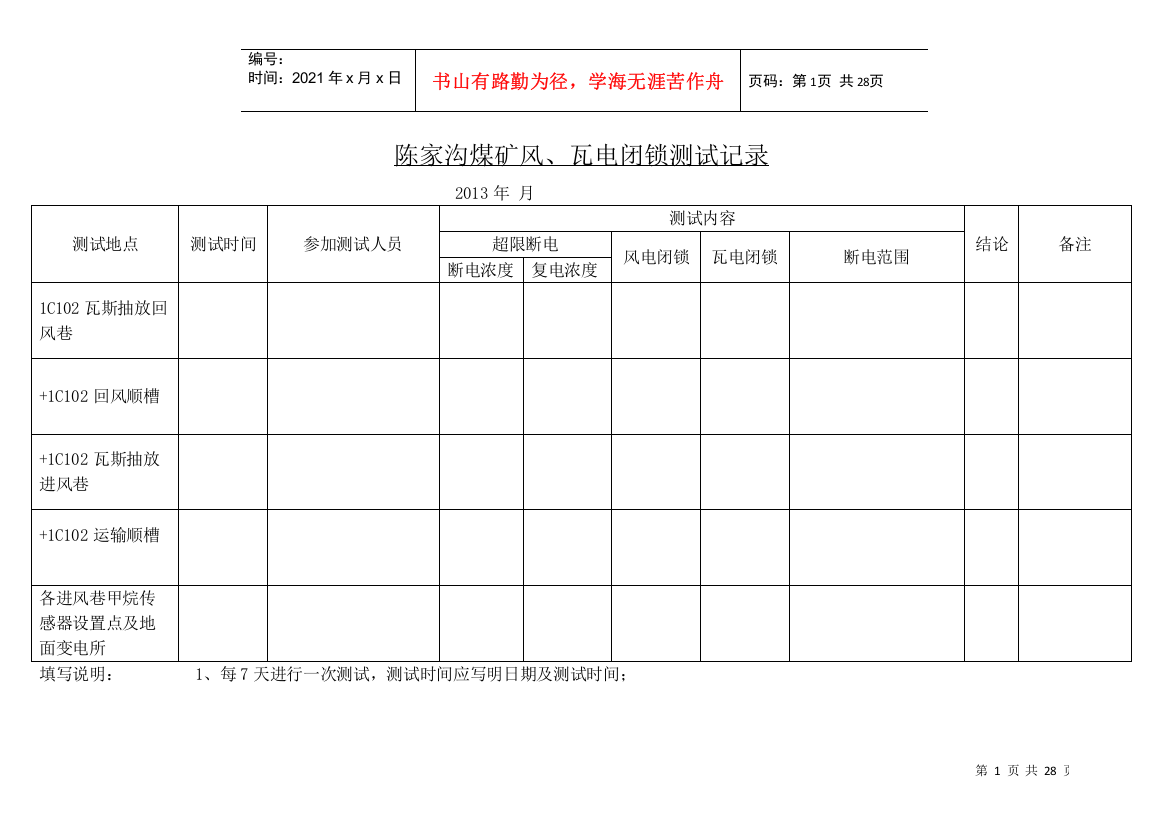 陈家沟煤矿瓦斯监控断电测试记录