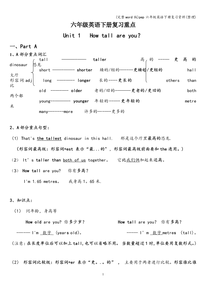 pep六年级英语下册复习资料整理